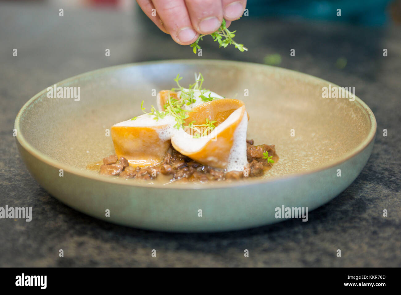 La mise en place di farina arrosto ravioli con sedano e ragù di cervo, provincia autonoma di Bolzano Alto Adige, trentino alto adige, italia Foto Stock