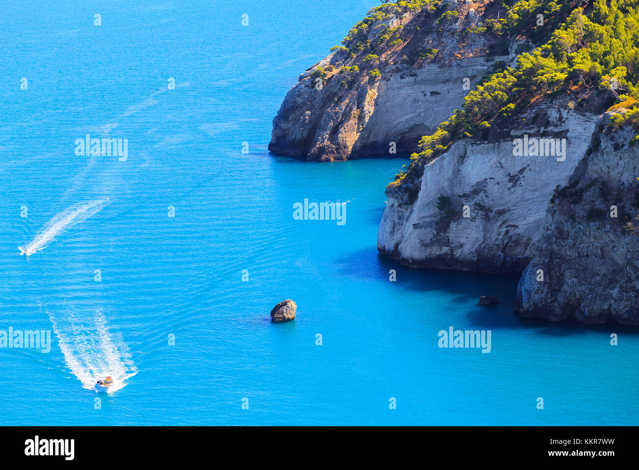 Due navi passando di fronte alla costa sud di vieste puglia(Puglia), Italia. Foto Stock