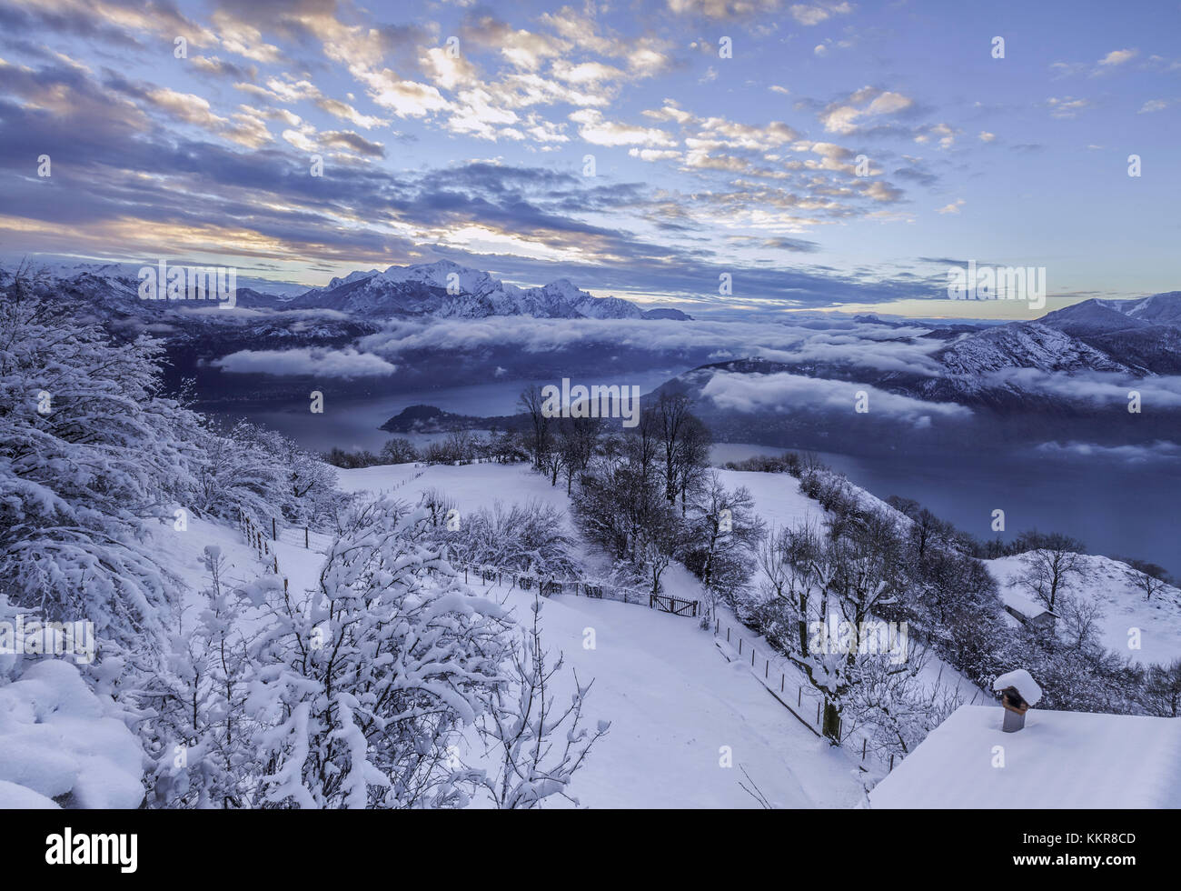 Fozen mattina in nava pascolo su tremezzina in lago di como distretto, in background bellagio e picco grigna,l'Italia,l'Europa Foto Stock