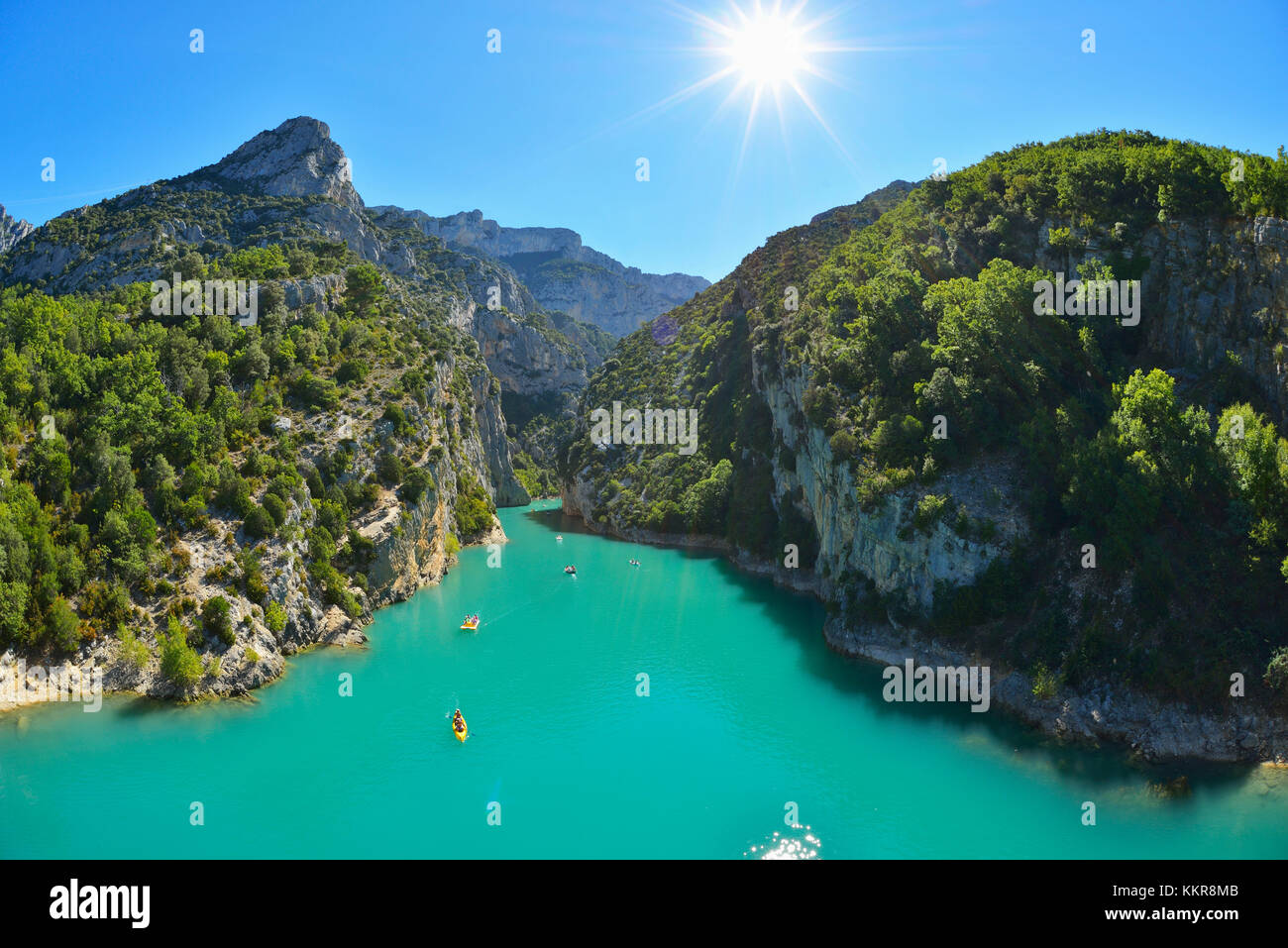 Canyon du Verdon in estate con Sun, il lago di Sainte Croix, Parc naturel regional du Verdon, Provenza, Alpes de Haute Provence, Francia Foto Stock