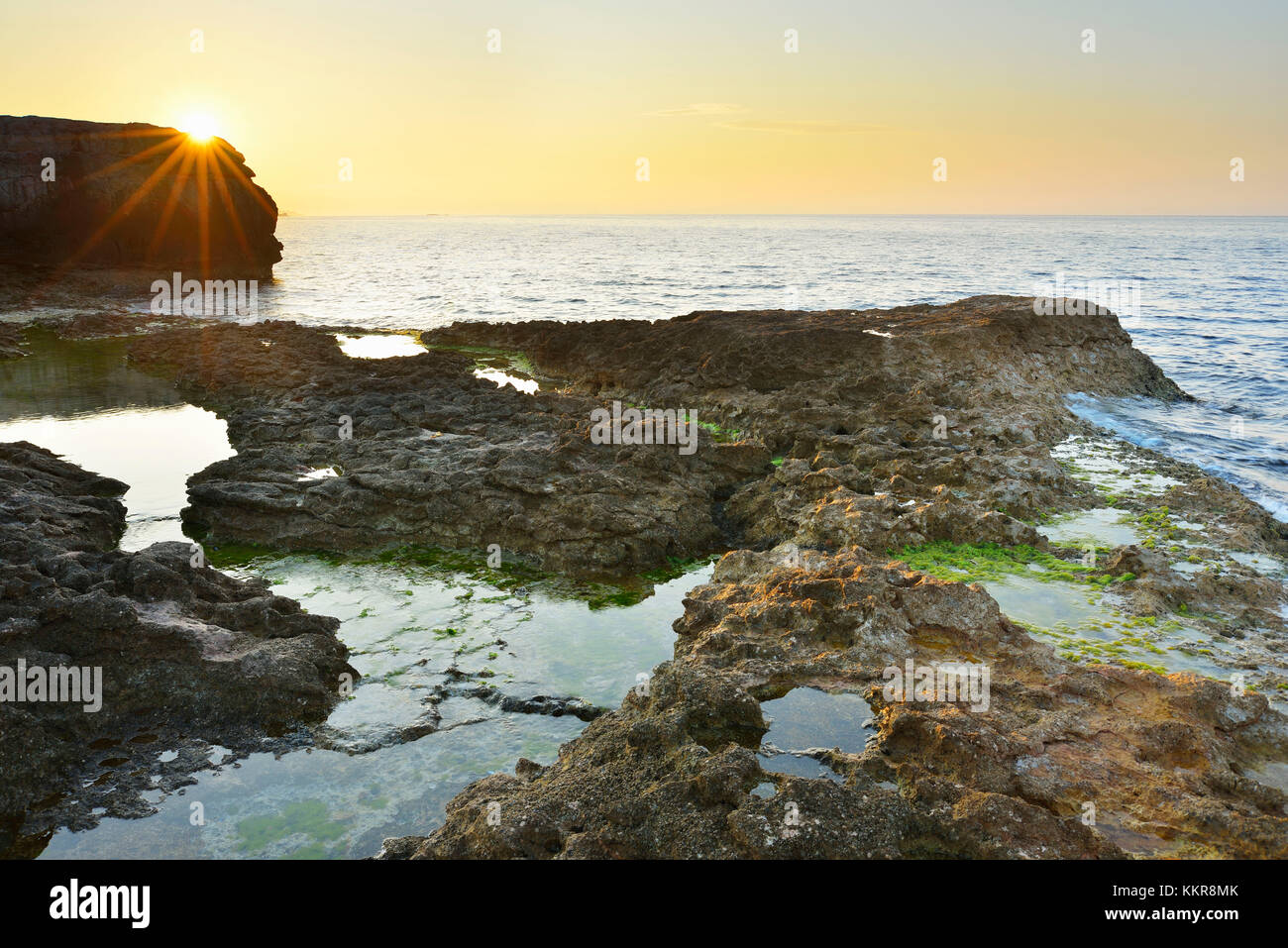 Costa rocciosa di sunrise in estate, la couronne, Martigues, cote bleue, mare mediterraneo, provence alpes Cote d Azur, Bouches du Rhone, Francia Foto Stock