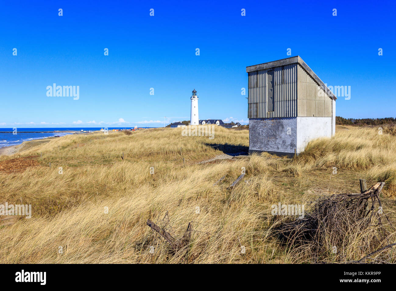 Faro a nord del litorale di Hirtshals, Danimarca Foto Stock
