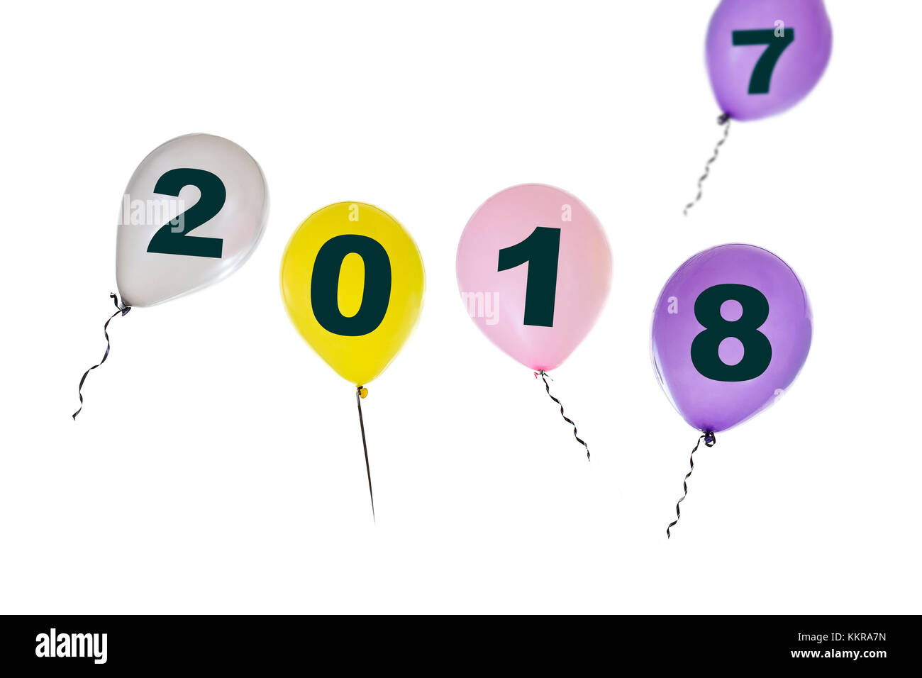 Nuovo anno 2018 scritto su di palloncini colorati a volare su sfondo bianco Foto Stock