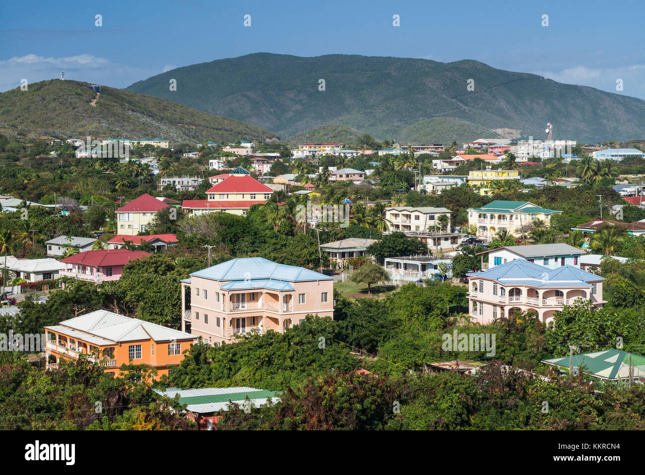 Isole Vergini britanniche, Virgin Gorda, cittadina spagnola, elevati vista città Foto Stock