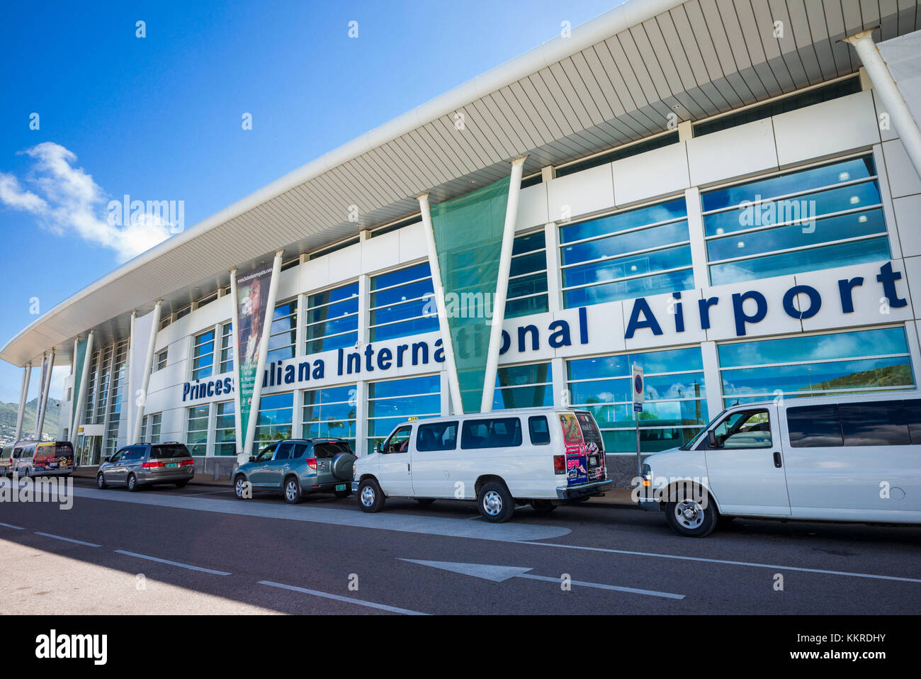 Paesi Bassi, Sint Maarten, Maho Bay, Princess Juliana Airport Terminal, esterna Foto Stock