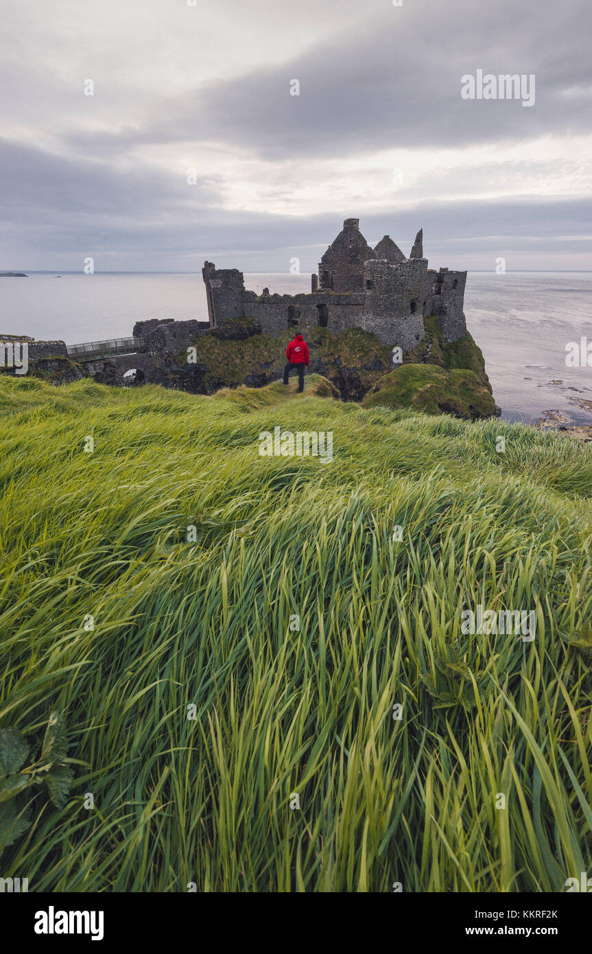 Dunluce Castle rovine, Irlanda del Nord, nella contea di Antrim, BUSHMILLS, Regno Unito Foto Stock
