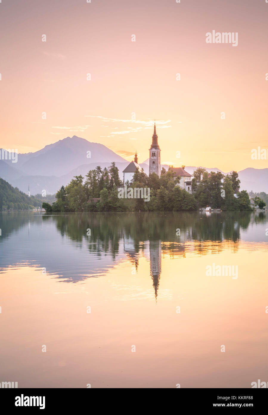 Isola di Bled e del lago di Bled. Bled, Superiore regione Carniolan, Slovenia. Foto Stock