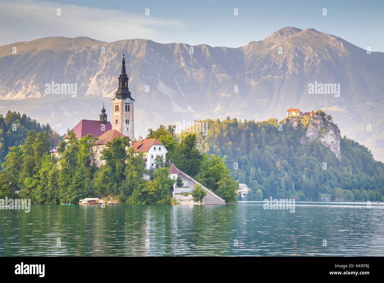 Isola di Bled e del lago di Bled. Bled, Superiore regione Carniolan, Slovenia. Foto Stock