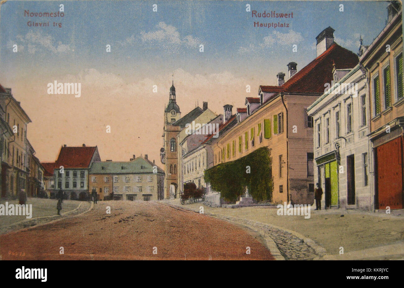 Cartolina del 1919 che mostra Glavni trg, la piazza centrale di Novo Mesto, Slovenia, con la sua architettura storica e il suo layout urbano. Foto Stock
