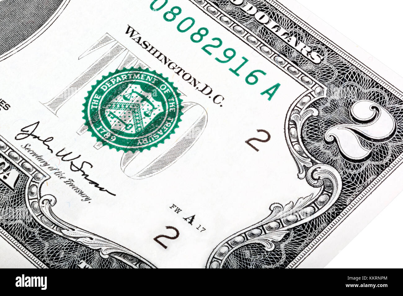 Parte dei due dollaro statunitense Bill. Realizzato un angolo fine impilati. Foto Stock