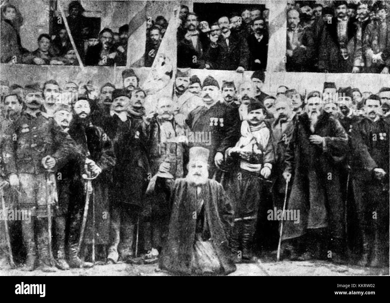 Il dipinto o la rappresentazione della Liberazione di Leskovac nel 1877 cattura un momento storico legato al movimento di liberazione serbo, con particolare attenzione al coinvolgimento della Chiesa Vecchia nell'evento. Foto Stock