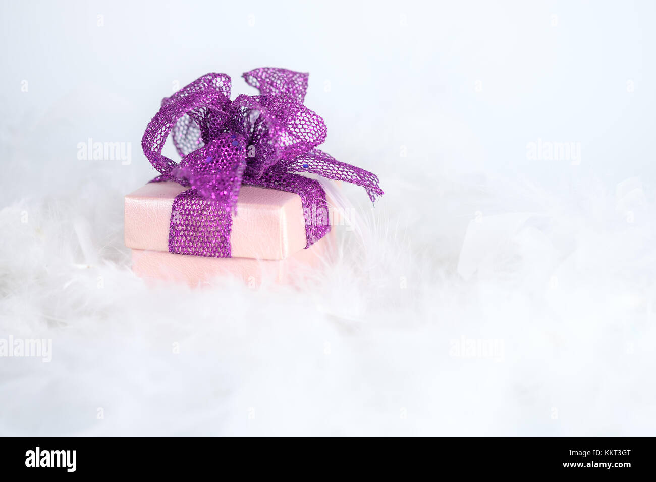 Confezione regalo su bianco piuma, aprire uno spazio per scrivere, punto af e sfumare la selezione. Foto Stock