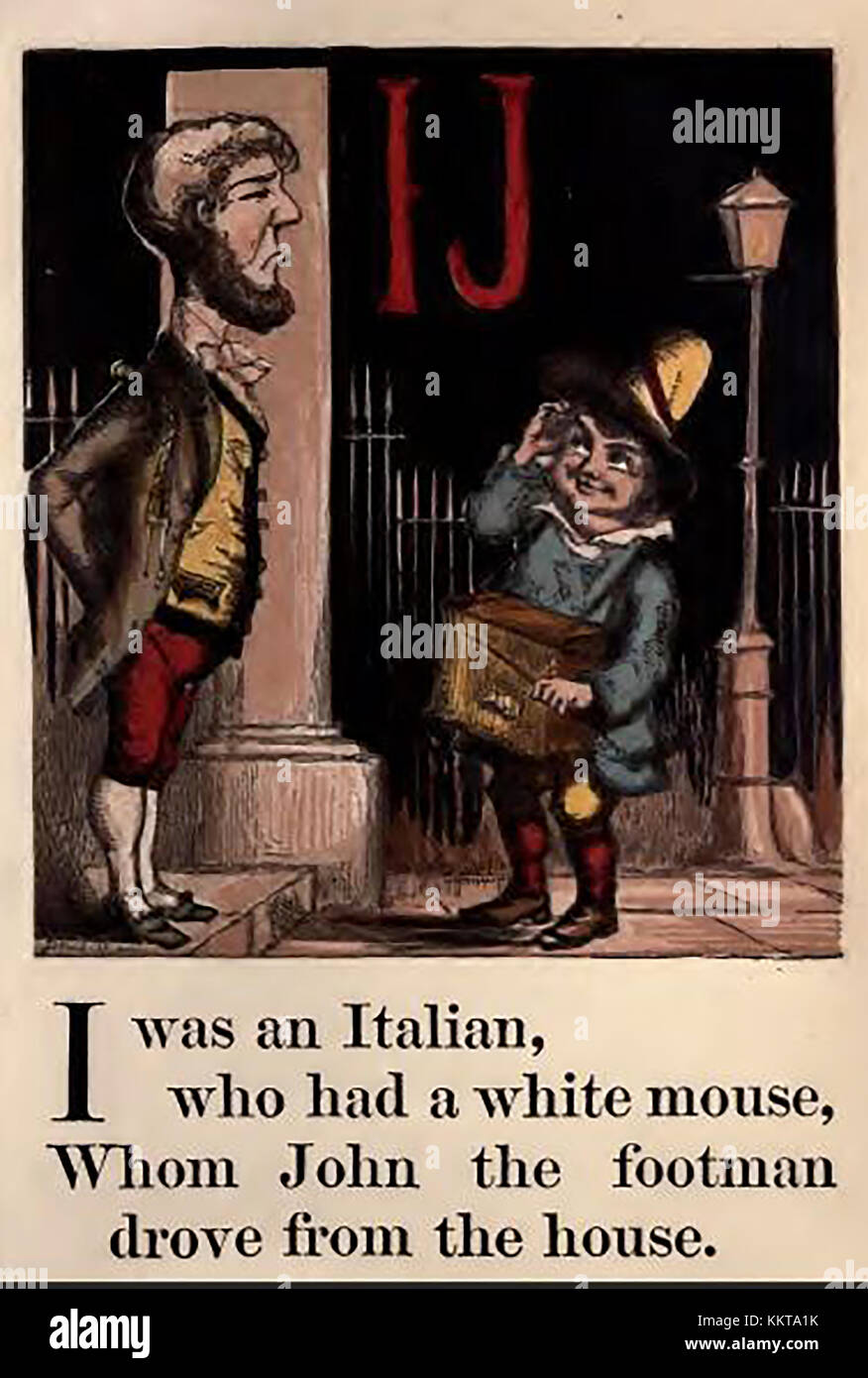 Una storica vittoriana colorati per bambini libro ABC illustrazione - I per italiano (hurdy-gurdy / organetto player musicista di strada essendo rivolta in allontanamento da un fante J per Giovanni Foto Stock