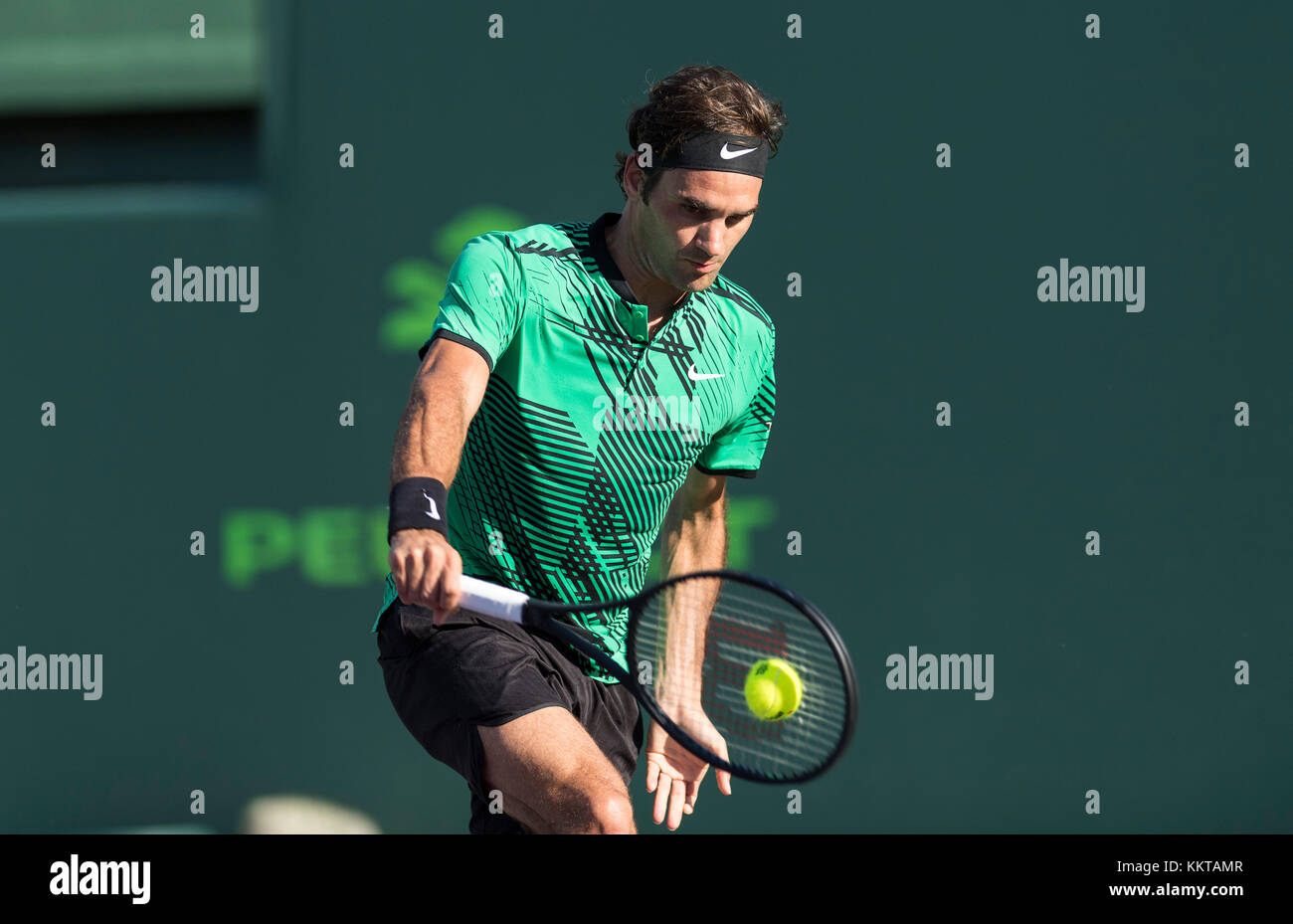 KEY BISCAYNE, FL - 28 MARZO: Roger Federer il 9° giorno del Miami Open al Crandon Park Tennis Center il 28 marzo 2017 a Key Biscayne, Florida. Persone: Roger Federer Foto Stock