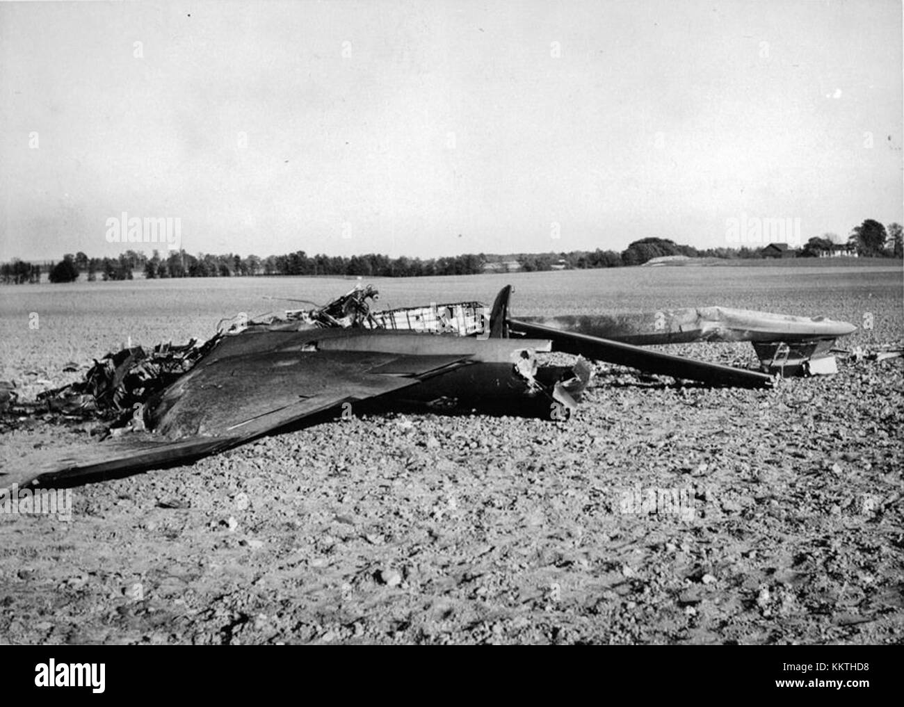 Questa immagine mostra un aereo a reazione de Havilland Vampire gravemente danneggiato in un incidente. L'aereo, un tempo un importante jet britannico, è ora a brandelli dopo l'incidente, con il relitto che indica la gravità dell'impatto. Foto Stock