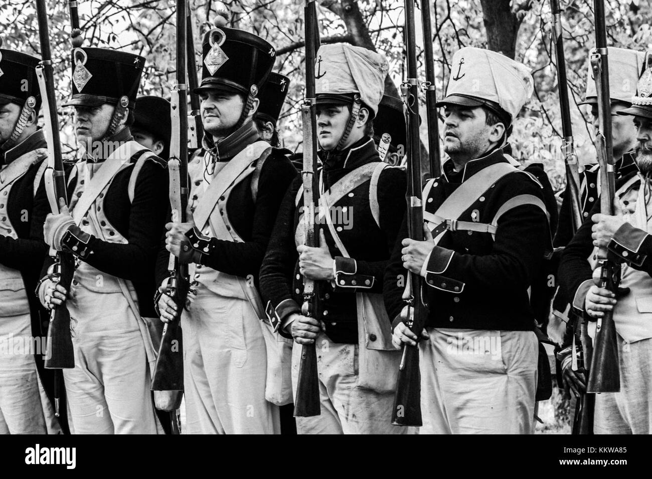 Plotone di francese i soldati napoleonici - bianco e nero Foto Stock