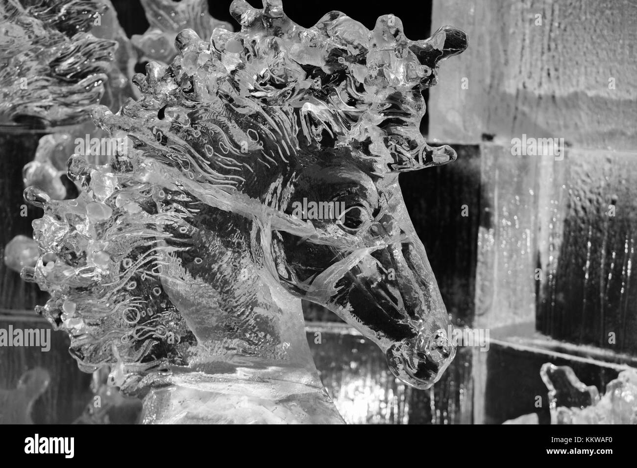 Unicorn sculture di ghiaccio, parte di 'T'egli Ice Adventure" prodotte da Underbelly & Hamilton in ghiaccio per Edinburgh Festival di Natale 1.12.17 Foto Stock