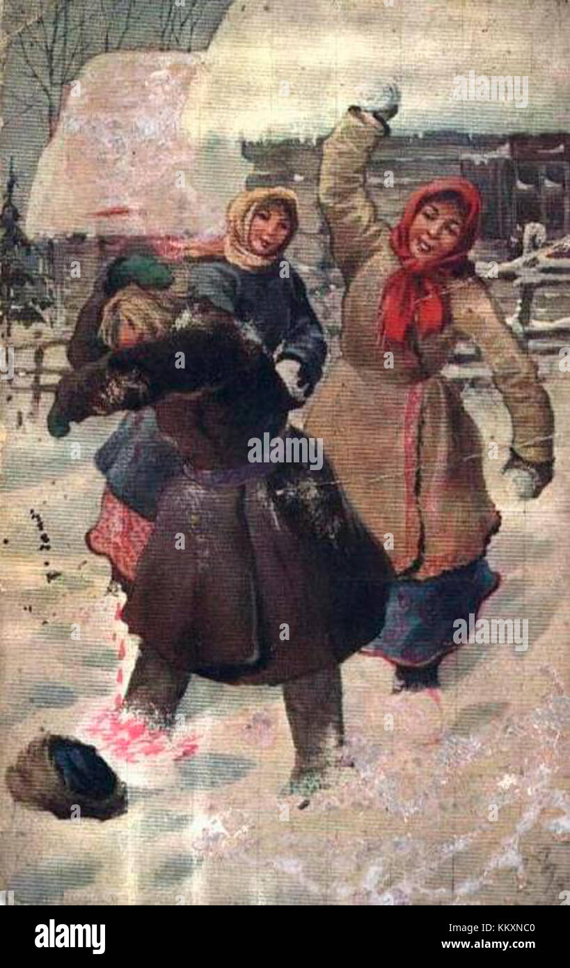 Cartolina di B. Zvorykin, un oggetto storico da collezione, rappresenta un'opera d'arte o di storia culturale. Il design e la produzione riflettono l'atmosfera culturale del suo tempo, rendendolo un pezzo prezioso per collezionisti e appassionati di cartoline storiche. Foto Stock