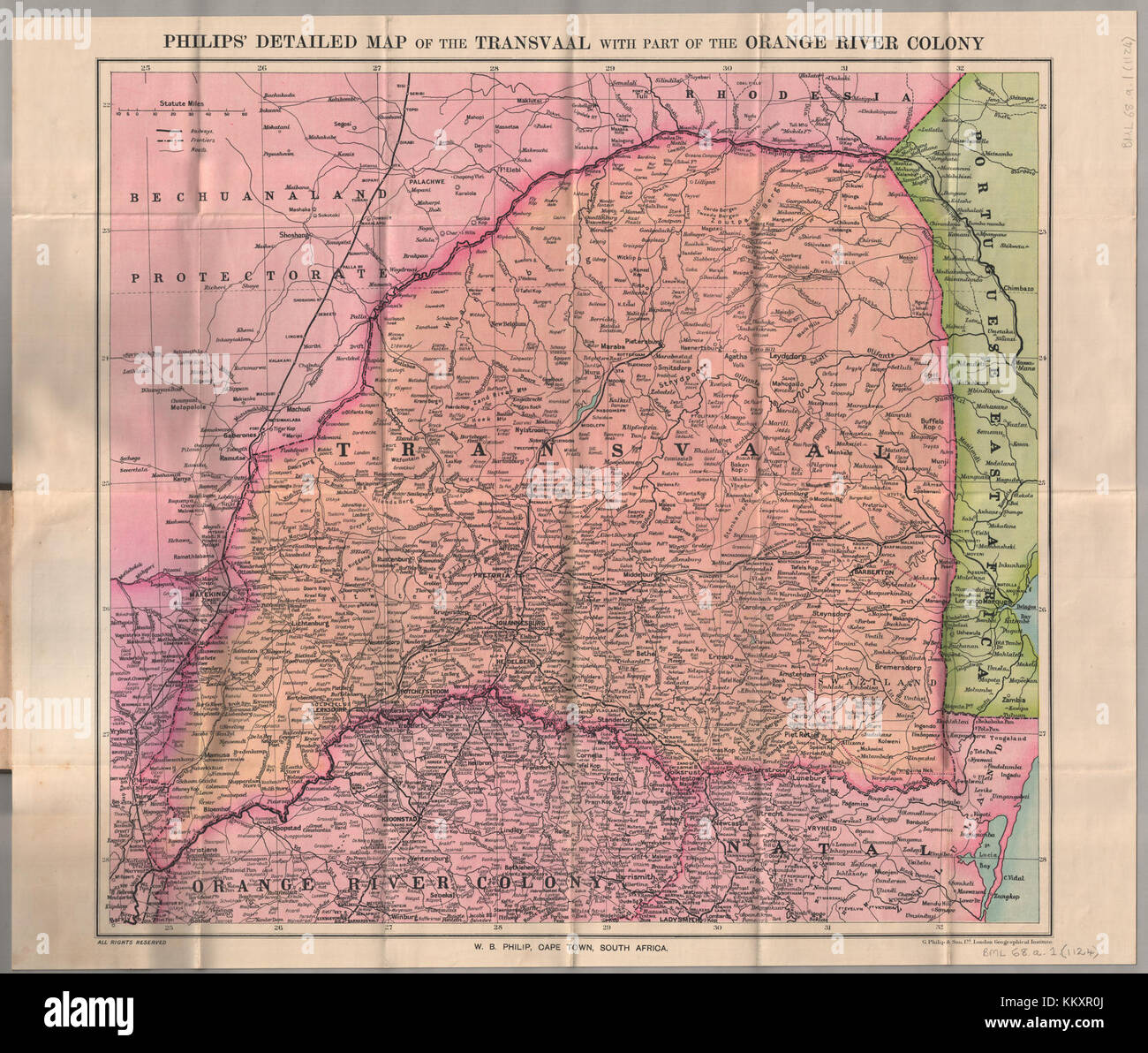La mappa dettagliata di Philips del Transvaal con parte di Orange River Colony Foto Stock