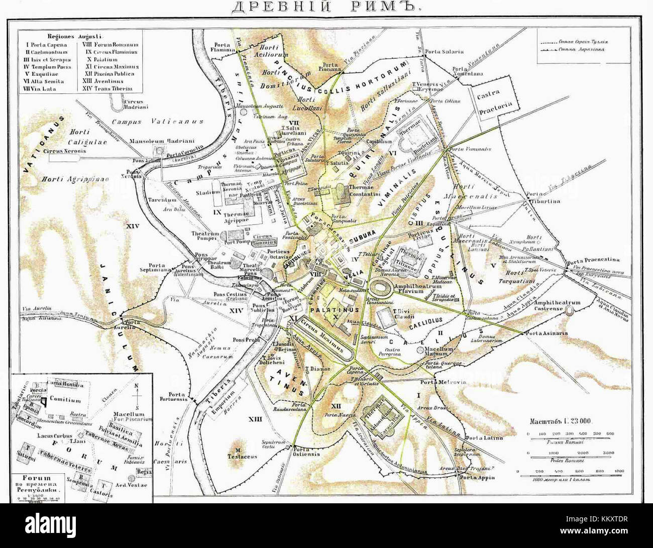 Questa mappa storica della Roma Vecchia offre una vista dettagliata della struttura della città durante i tempi antichi. Mette in evidenza i principali monumenti storici, l'architettura e il design urbano dell'Impero Romano. Foto Stock