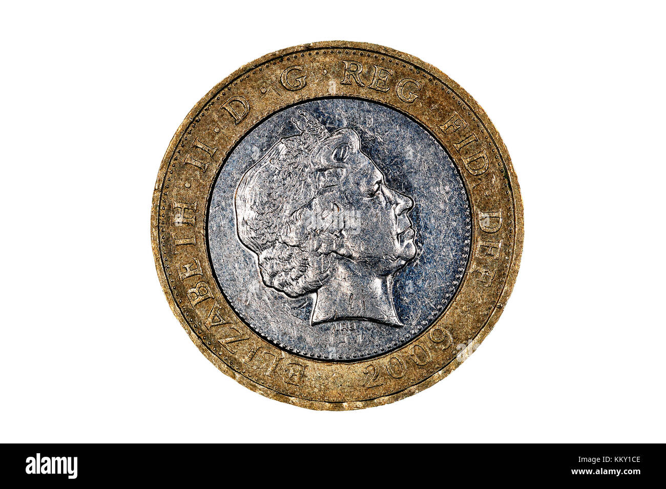 Il lato teste di una moneta a due sterlina che mostra la testa della regina Elisabetta, posta su uno sfondo bianco Foto Stock