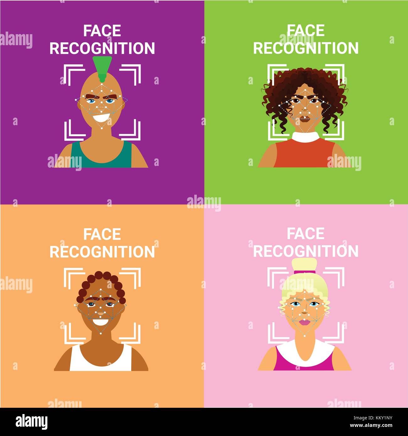 Set di riconoscimento facciale, le icone scansione biometrica del maschio e femmina gli utenti moderna tecnologia di identificazione Illustrazione Vettoriale