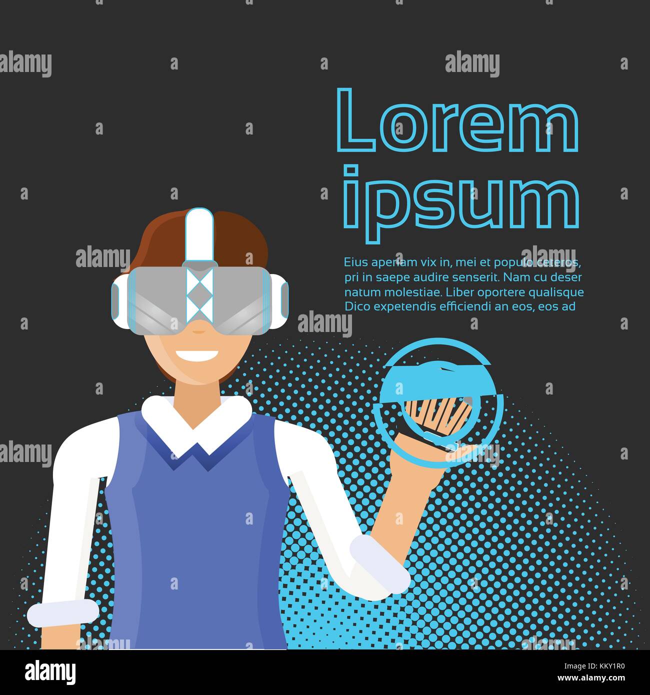 Uomo che indossa la realtà virtuale auricolare tramite interfaccia digitale banner con copia spazio moderno concetto di tecnologia Illustrazione Vettoriale