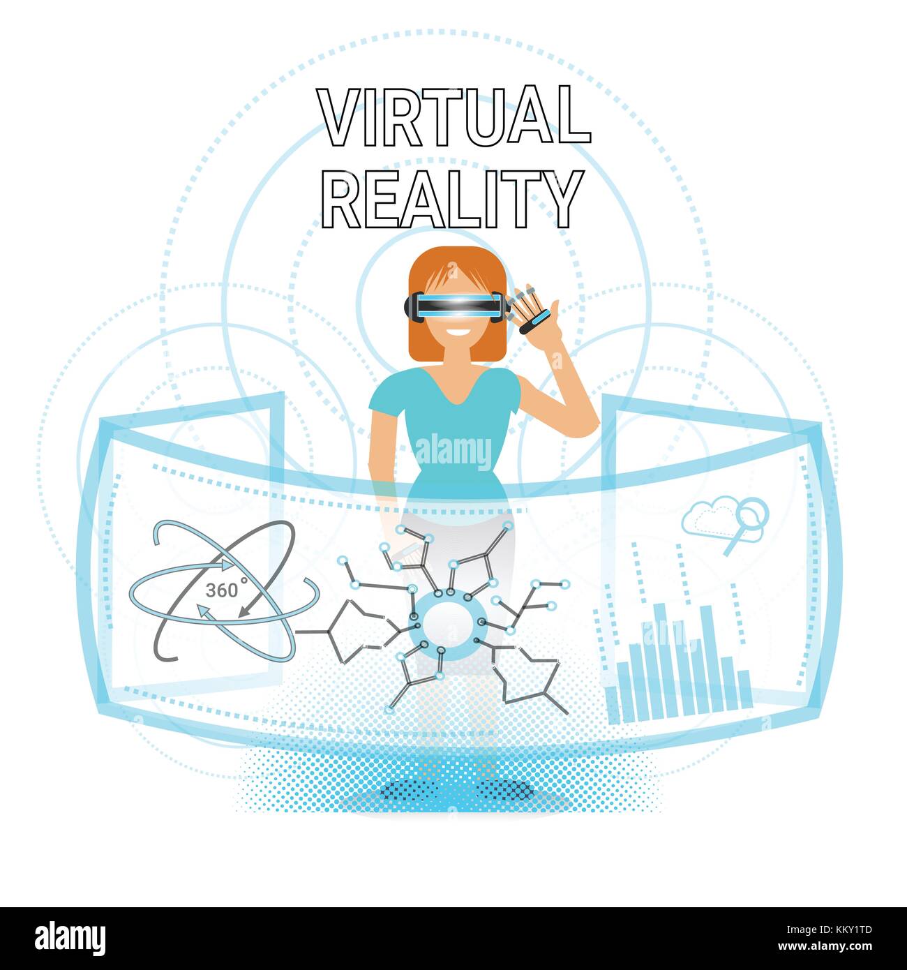 La donna in realtà virtuale indossando occhiali vr utilizzare digitall interfaccia ottica moderno concetto di tecnologia Illustrazione Vettoriale