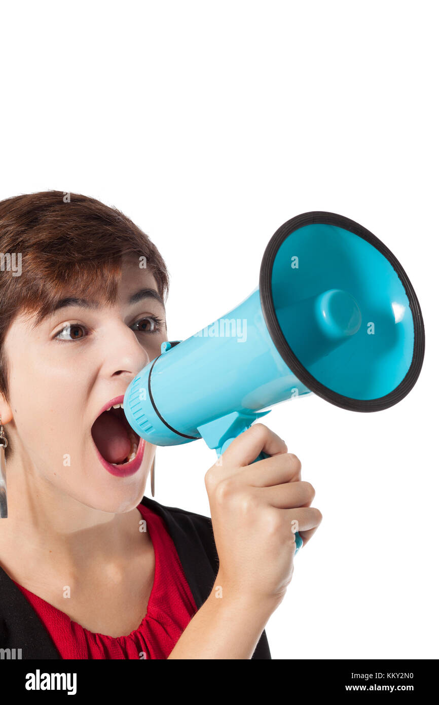 Grida ragazza con megafono Foto Stock