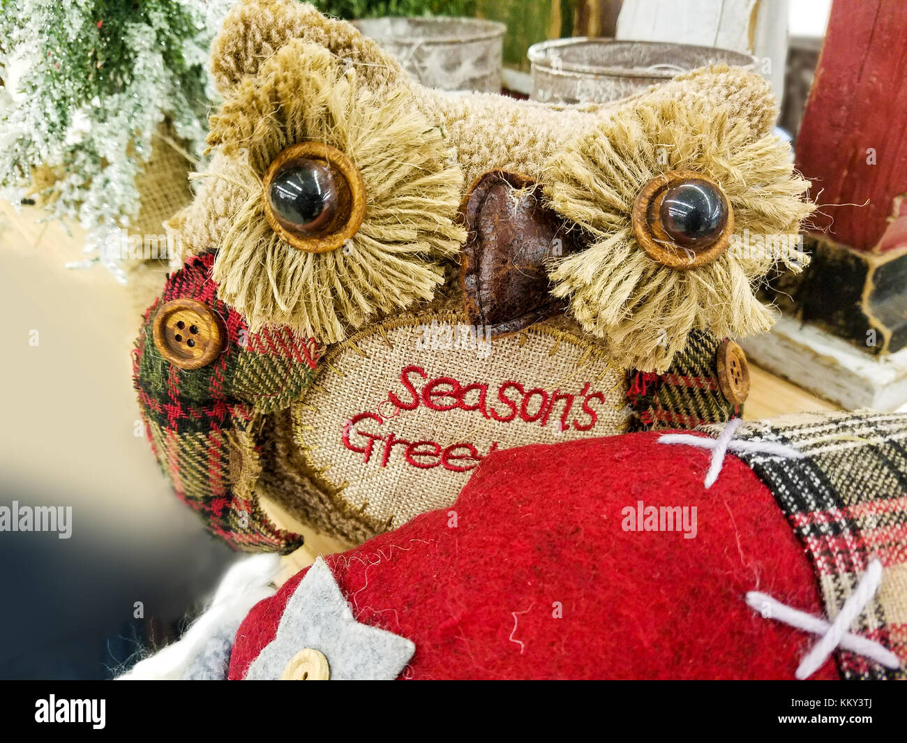 Plaid rustico Owl decorazione di Natale con frange occhi da albero di Natale e altro paese oggetti di Natale Foto Stock