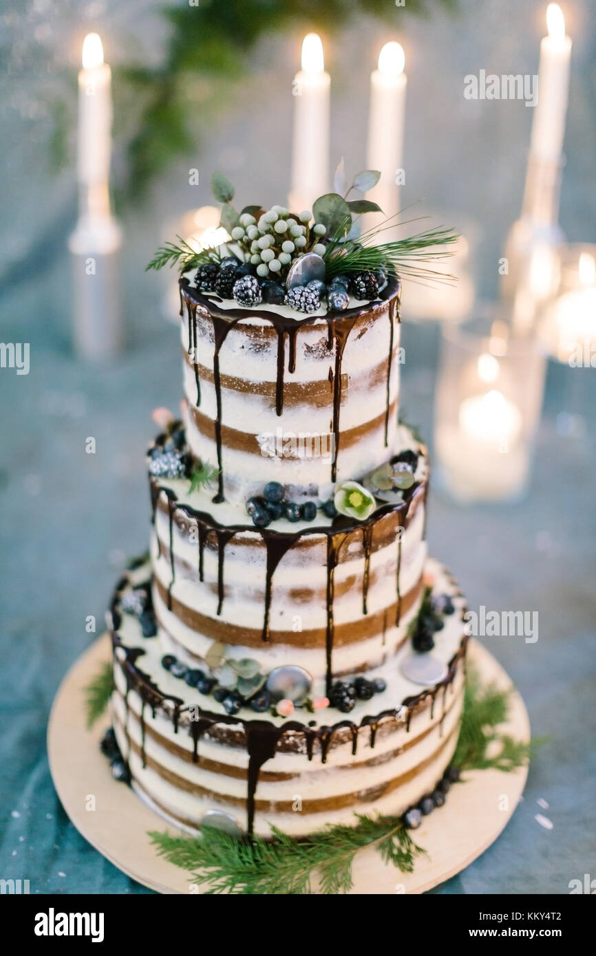 La dolcezza, cottura, vacanze concetto. Festa torta composta da tre livelli con deliziosa glassa di cioccolato, succosa di more, decorato con foglie Foto Stock