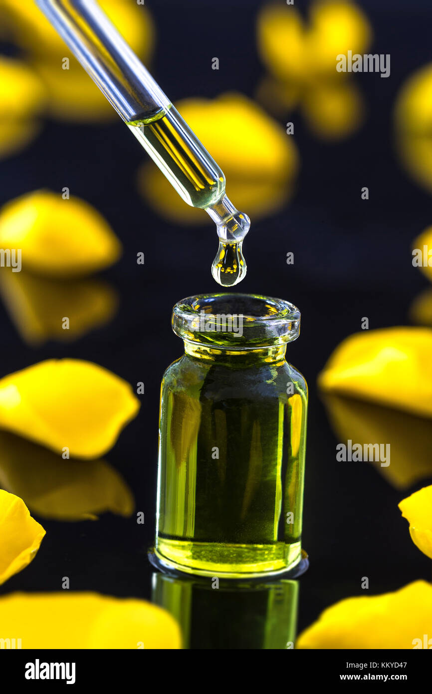 Una bottiglia di rosa olio essenziale di colore giallo con petali di rose su sfondo nero Foto Stock