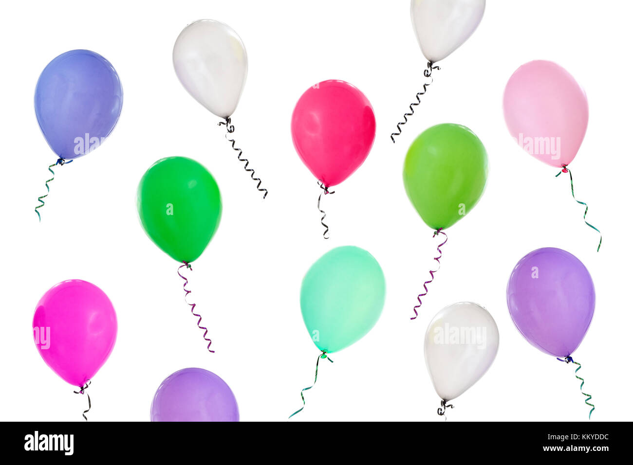 Bellissimo sfondo con palloncini colorati battenti fino. su sfondo bianco. Foto Stock