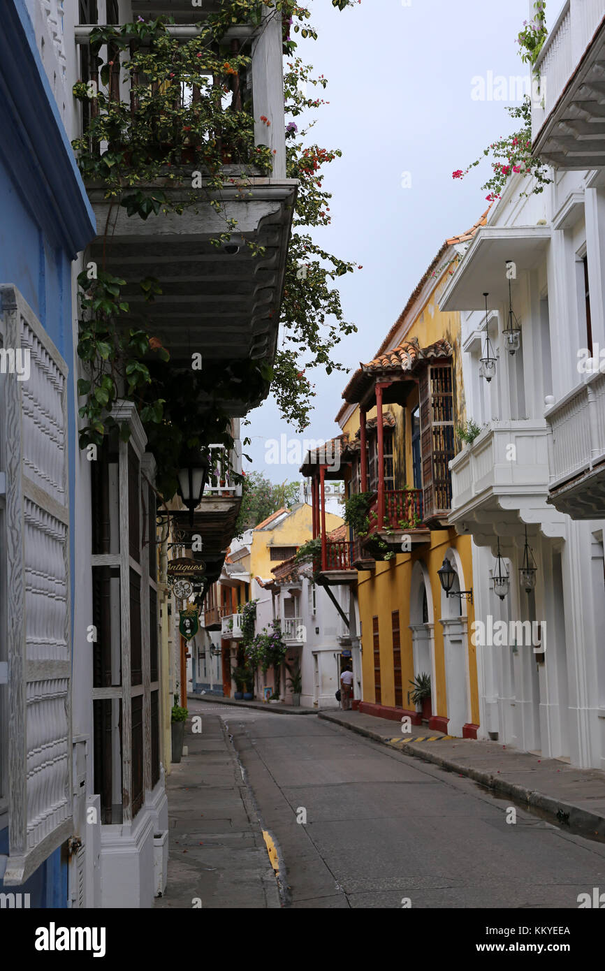Strada coloniale a Cartagena, Colombia Foto Stock