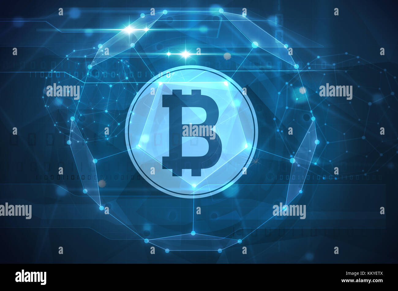 Simbolo bitcoin illustrazione con sfondo blu scuro Foto Stock