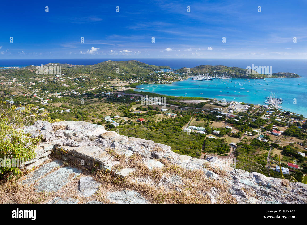 Vista dal grande fort george a Falmouth Harbour. Foto Stock