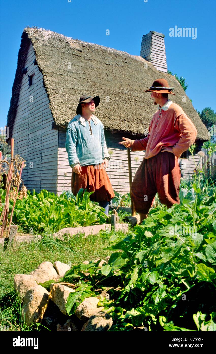 Plimouth plantation. Ricostruzione dei padri pellegrini primi insediamento inglese. Plymouth, Massachusetts, New England, Stati Uniti d'America Foto Stock