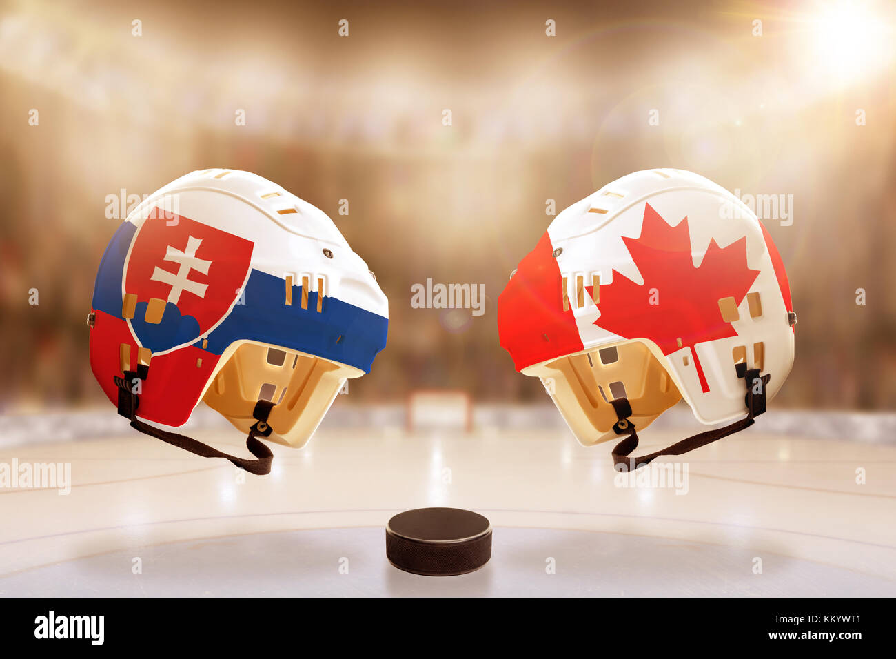 Basso angolo vista di hockey caschi con il Canada e la slovacchia bandiere dipinte e disco da hockey su ghiaccio in luminose stadium sfondo. concetto di intensa Foto Stock