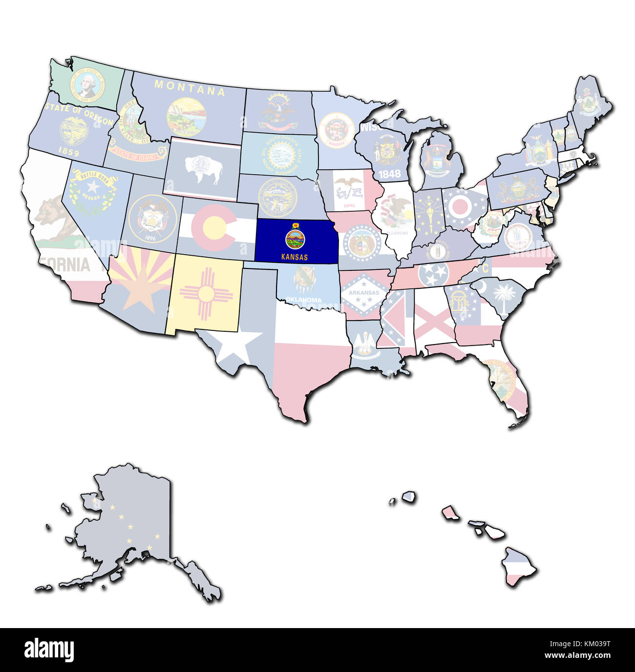 Kansas sulla mappa di isolato di stati uniti d'America con i confini di stato Foto Stock