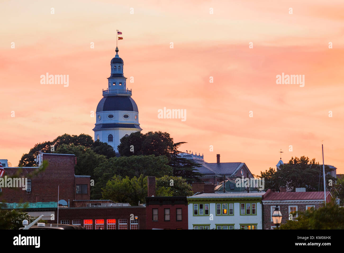Il Maryland State House e il centro storico di Annapolis, Trinity USA, al tramonto. Foto Stock