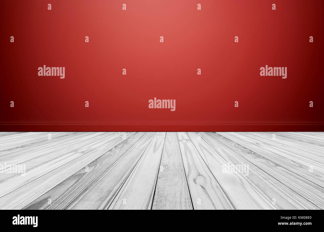 Bianco pavimento di legno con parete rossa, stanza vuota per lo sfondo Foto Stock