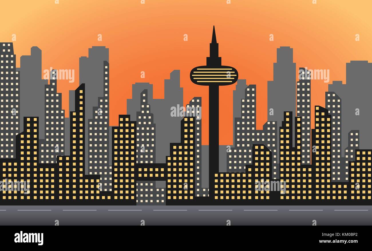 Buio serale, panorama della città con grattacieli e torri. illustrazione vettoriale Illustrazione Vettoriale