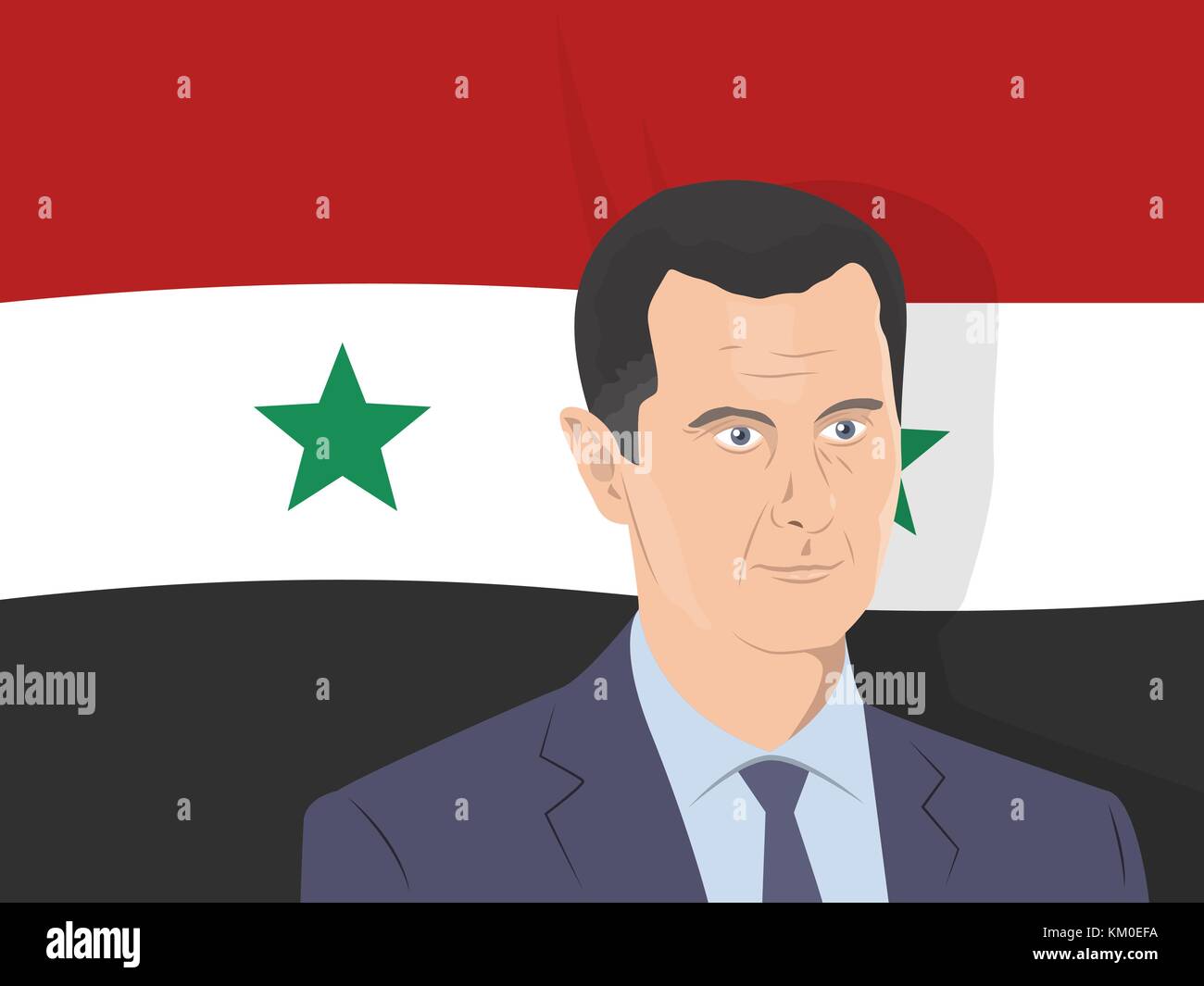 02.12.2017 llustrazione editoriale di Bashar al-Assad verticale - il presidente della Siria - sulla bandiera siriana sfondo. Illustrazione Vettoriale