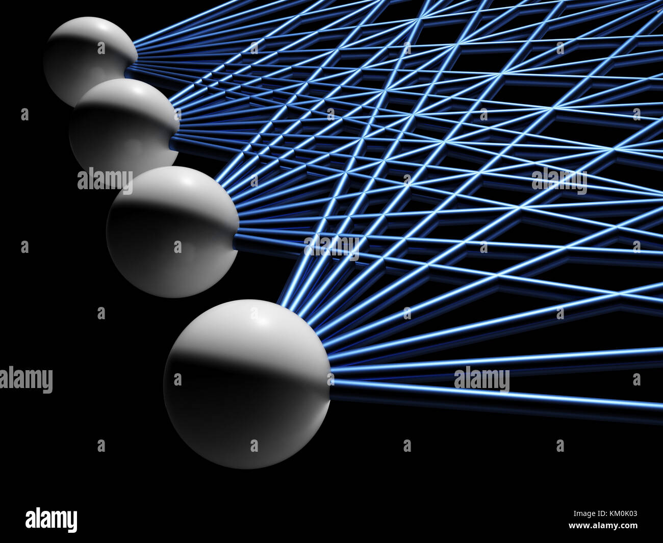 Rete neurale artificiale frammento isolato su nero, 3d illustrazione Foto Stock