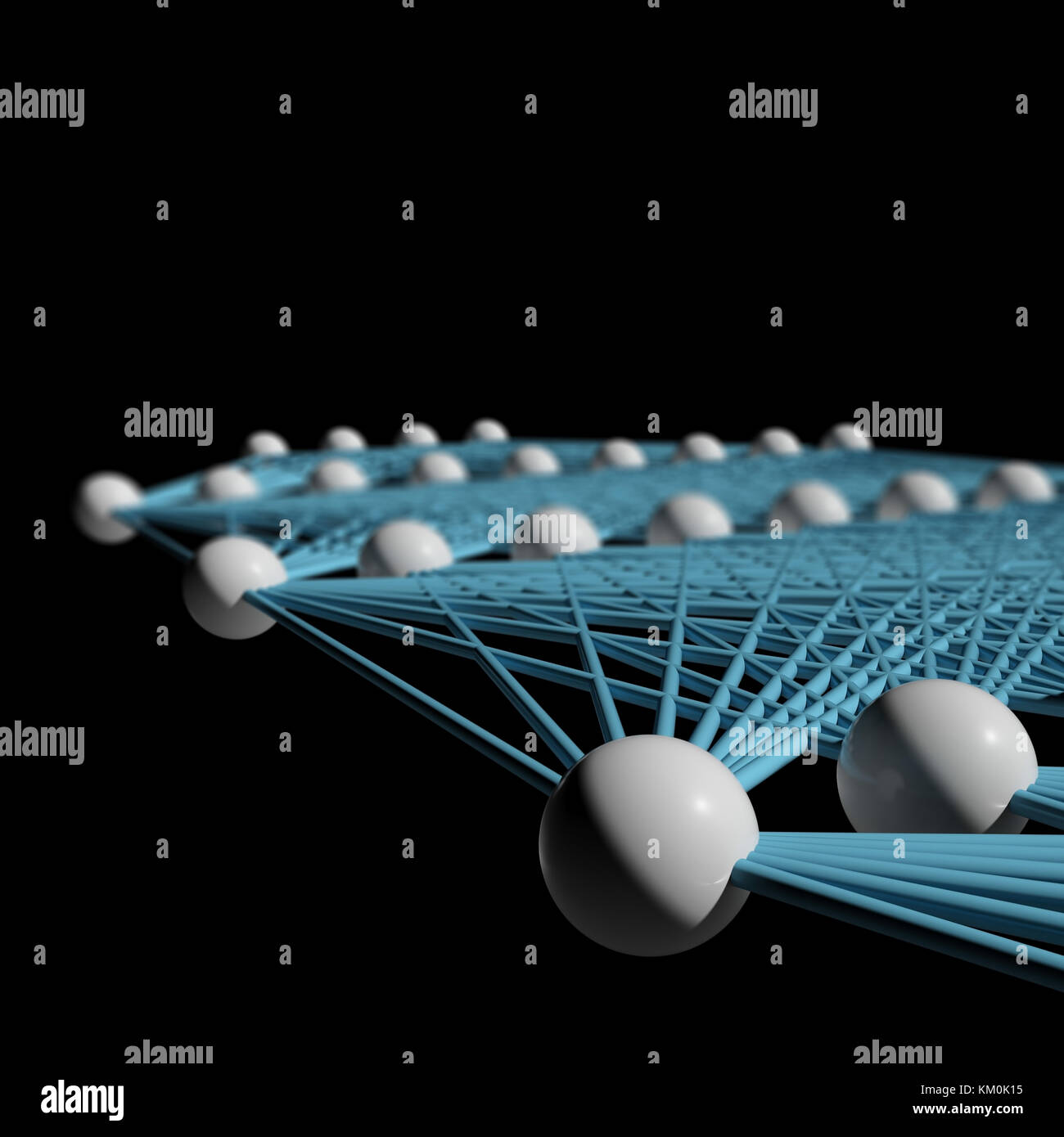 Profondo artificiale rete neurale con maglie blu, modello schematico frammento isolato su nero, 3d illustrazione Foto Stock
