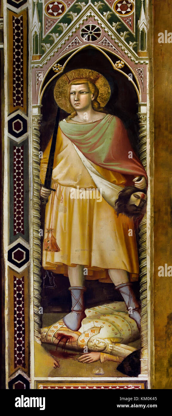 David c. 1330 fresco Cappella Baroncelli, Santa Croce, Firenze Museo dell'Opera di Santa Croce (la Basilica di Santa Croce è la principale chiesa francescana di Firenze) Italia Chiesa e Museo di Santa Croche, di Leon Battista Alberti 1470 Firenze Italia ( La Basilica di Santa Croce chiesa francescana di Firenze, Italia. E Piazza di Santa Croce, Toscana Italia, sepolture: Michelangelo, Galileo Galilei, Niccolo Machiavelli, Architetti, Filippo Brunelleschi, Arnolfo di Cambio, Niccolo Matas, Inizio costruzione,1294 ) Foto Stock