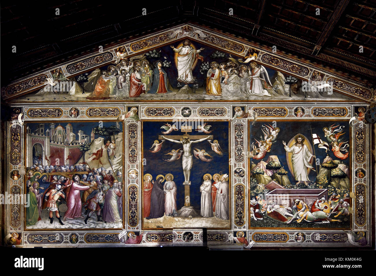 Crocifissione 1360 Taddeo Gaddi 1290 – Firenze 1366 è stato un pittore e architetto italiano medievale. Affresco Sacrestia, Santa Croce, Firenze Museo dell'Opera di Santa Croce (la Basilica di Santa Croce è la principale chiesa francescana di Firenze) Italia Chiesa e Museo Santa Croche, di Leon Battista Alberti 1470 Firenze Italia (la Basilica di Santa Croce chiesa francescana di Firenze, Italia. E Piazza di Santa Croce, Toscana Italia, sepolture: Michelangelo, Galileo Galilei, Niccolo Machiavelli, Architetti, Filippo Brunelleschi, Arnolfo di Cambio, Niccolo Matas, Costruzione st Foto Stock