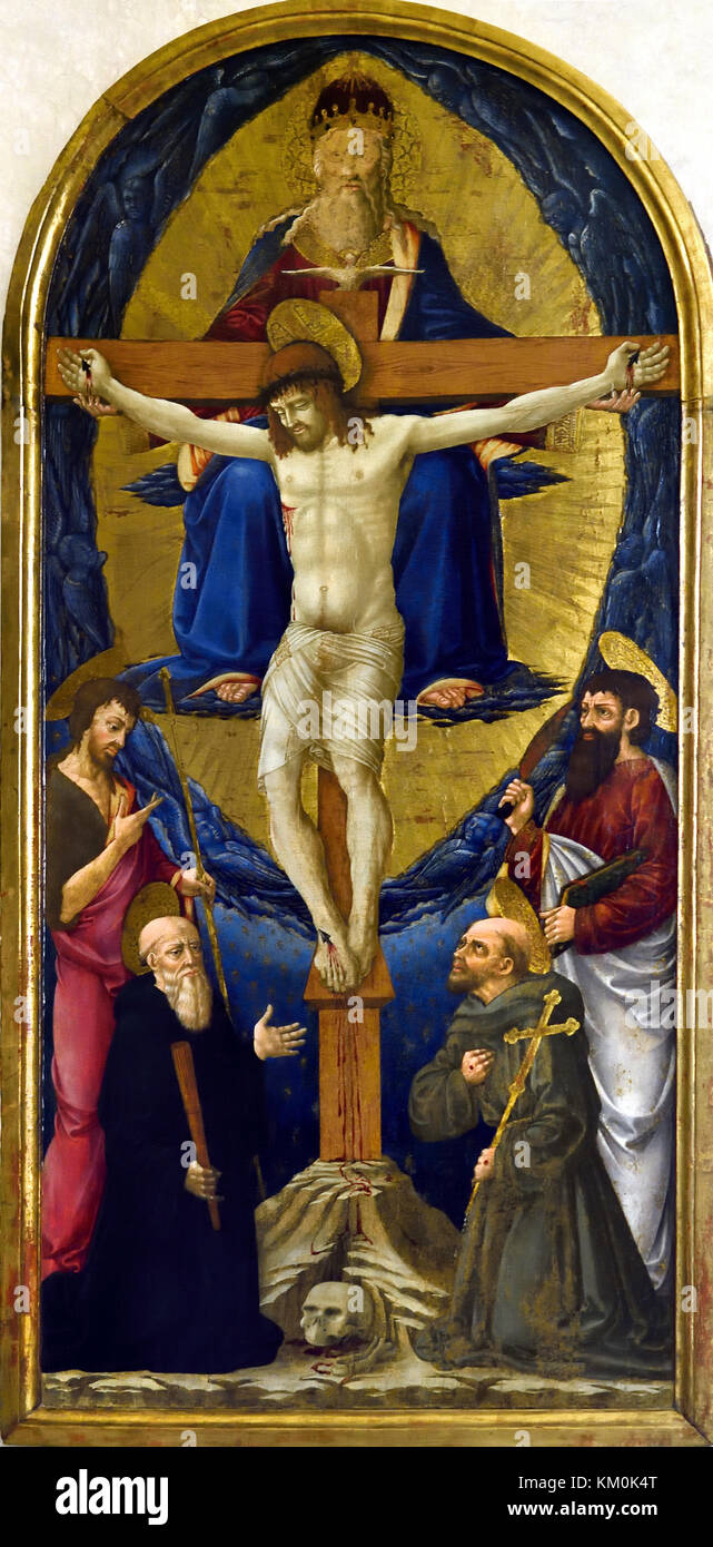 Trinità tra i santi Francesco, Bartolomeo e Giovanni Battistaby Neri di Bicci (1419-1491) è stato un pittore italiano del Rinascimento. Santa Croce (la Basilica di Santa Croce è la principale chiesa francescana di Firenze) Italia Chiesa e Museo di Santa Croche, di Leon Battista Alberti 1470 Firenze Italia (la Basilica di Santa Croce chiesa francescana di Firenze, Italia. E Piazza di Santa Croce, Toscana Italia, sepolture: Michelangelo, Galileo Galilei, Niccolo Machiavelli, Architetti, Filippo Brunelleschi, Arnolfo di Cambio, Niccolo Matas, La costruzione è iniziata,1294 Foto Stock