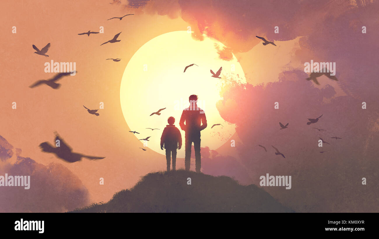 Silhouette di padre e figlio in piedi sulla montagna guardando il sole che sorge nel cielo, arte digitale stile, illustrazione pittura Foto Stock
