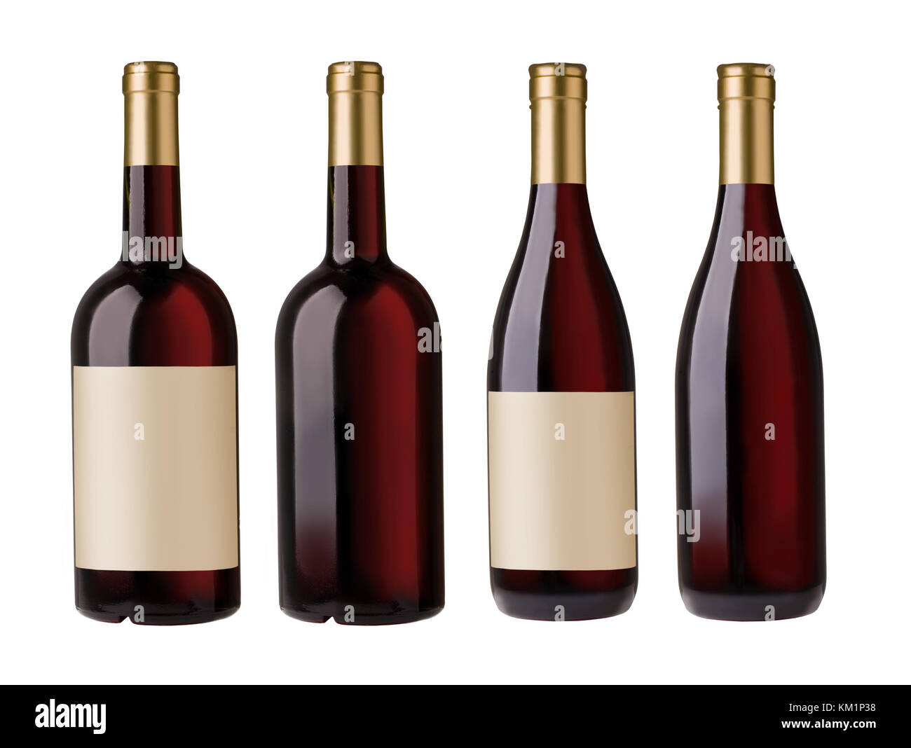 Fusione di due immagini di bottiglie di vino rosso con etichette vuote e senza etichetta, Foto Stock